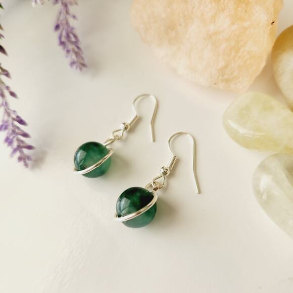 Green Natural Jade Stone Earrings, Silver-Plated Wire Wrapped Dangle Earrings - Picture 8 of 12